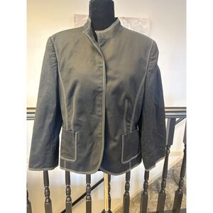 Black Contrast Stitch Mandarin Collar Blazer Jacket Cotton Blend Women Size L